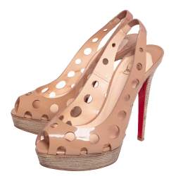 Pre Owned Christian Louboutin Beige Patent Leather Ginza Platform Slingback Sandals Size 38
