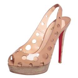 Pre Owned Christian Louboutin Beige Patent Leather Ginza Platform Slingback Sandals Size 38
