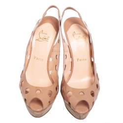 Pre Owned Christian Louboutin Beige Patent Leather Ginza Platform Slingback Sandals Size 38