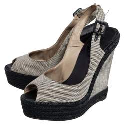 Pre Owned Christian Louboutin Black/Wedge Canvas Peep Toe Espadrille Wedge Sandals Size 38