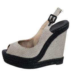 Pre Owned Christian Louboutin Black/Wedge Canvas Peep Toe Espadrille Wedge Sandals Size 38