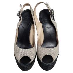 Pre Owned Christian Louboutin Black/Wedge Canvas Peep Toe Espadrille Wedge Sandals Size 38