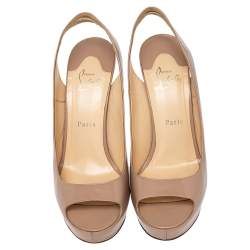 Pre Owned Christian Louboutin Beige Patent Leather Private Number Peep Toe Slingback Sandals Size 40.5