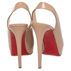 Pre Owned Christian Louboutin Beige Patent Leather Private Number Peep Toe Slingback Sandals Size 40.5