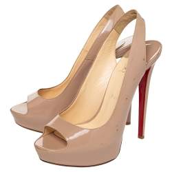 Pre Owned Christian Louboutin Beige Patent Leather Private Number Peep Toe Slingback Sandals Size 40.5