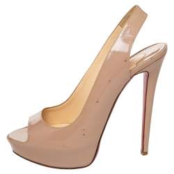 Pre Owned Christian Louboutin Beige Patent Leather Private Number Peep Toe Slingback Sandals Size 40.5