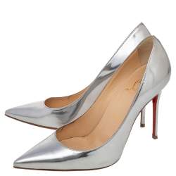 Pre Owned Christian Louboutin Silver Laminated Leather Pigalle Follies Pointed Pumps Size 36