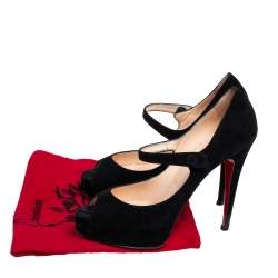 Pre Owned Christian Louboutin Black Suede Zeppa Peep Toe Mary Jane Pumps Size 38.5