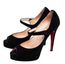 Pre Owned Christian Louboutin Black Suede Zeppa Peep Toe Mary Jane Pumps Size 38.5
