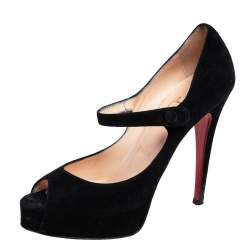 Pre Owned Christian Louboutin Black Suede Zeppa Peep Toe Mary Jane Pumps Size 38.5