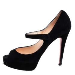 Pre Owned Christian Louboutin Black Suede Zeppa Peep Toe Mary Jane Pumps Size 38.5
