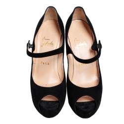 Pre Owned Christian Louboutin Black Suede Zeppa Peep Toe Mary Jane Pumps Size 38.5