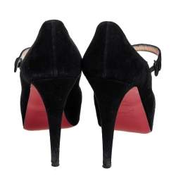 Pre Owned Christian Louboutin Black Suede Zeppa Peep Toe Mary Jane Pumps Size 38.5