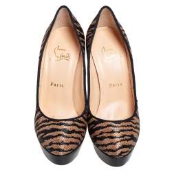 Christian Louboutin Two Tone Raffia Bianca Panama Tiger Weave Platform Pumps Size 37.5