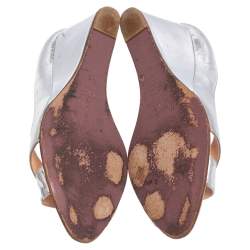 Pre Owned حذاء كعب عالي روكي كريستيان لوبوتان جلد فضي ميتاليك بمقدمة مفتوحة مقاس 39