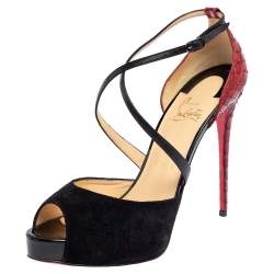 Pre Owned Christian Louboutin Black/Red  Suede And Python Minetta Platform Sandals Size 38.5