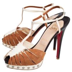 Pre Owned Christian Louboutin Beige/Brown Suede And Leather Zigounette Spiked 140 Sandals Size 39