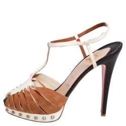 Pre Owned Christian Louboutin Beige/Brown Suede And Leather Zigounette Spiked 140 Sandals Size 39