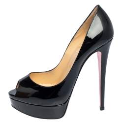 Pre Owned Christian Louboutin Black Patent Leather Lady Peep Toe Platform Pumps Size 38.5