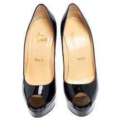 Pre Owned Christian Louboutin Black Patent Leather Lady Peep Toe Platform Pumps Size 38.5
