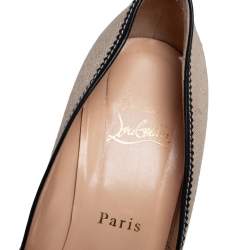 Pre Owned حذاء كعب عالي كريستيان لوبوتان لوفر كامبوس شراشيب جلد أسود وكانفاس بيج مقاس 37.5