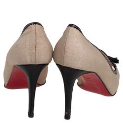 Pre Owned حذاء كعب عالي كريستيان لوبوتان لوفر كامبوس شراشيب جلد أسود وكانفاس بيج مقاس 37.5