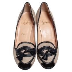 Pre Owned حذاء كعب عالي كريستيان لوبوتان لوفر كامبوس شراشيب جلد أسود وكانفاس بيج مقاس 37.5