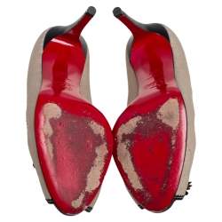 Pre Owned حذاء كعب عالي كريستيان لوبوتان لوفر كامبوس شراشيب جلد أ سود وكانفاس بيج مقاس 37.5