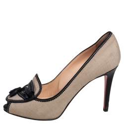 Pre Owned حذاء كعب عالي كريستيان لوبوتان لوفر كامبوس شراشيب جلد أسود وكانفاس بيج مقاس 37.5