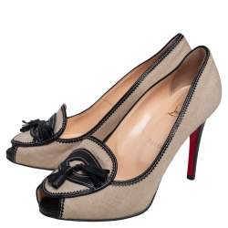 Pre Owned حذاء كعب عالي كريستيان لوبوتان لوفر كامبوس شراشيب جلد أسود وكانفاس بيج مقاس 37.5