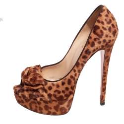 Pre Owned Christian Louboutin Brown Leopard Print Calf Hair Madame Butterfly Platform Pumps Size 36