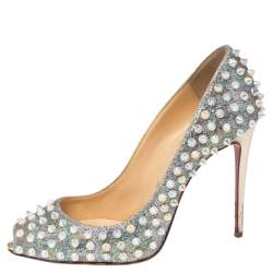 Pre Owned Christian Louboutin Iridescent Lurex Fabric And Glitter Spike Peep Toe Pumps Size 36.5