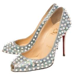 Pre Owned Christian Louboutin Iridescent Lurex Fabric And Glitter Spike Peep Toe Pumps Size 36.5