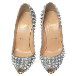 Pre Owned Christian Louboutin Iridescent Lurex Fabric And Glitter Spike Peep Toe Pumps Size 36.5