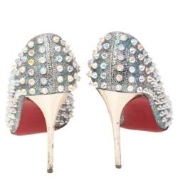Pre Owned Christian Louboutin Iridescent Lurex Fabric And Glitter Spike Peep Toe Pumps Size 36.5
