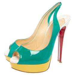 Pre Owned Christian Louboutin White Patent Leather Lady Peep Toe Platform Slingback Sandals Size 40.5