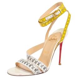 Pre Owned Christian Louboutin White/Yellow Leather Measuring Tape Ankle Strap Sandals Size 37
