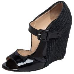 Pre Owned Christian Louboutin Black Patent Leather Espadrille Wedge Ankle Strap Sandals Size 37