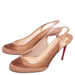 Pre Owned Christian Louboutin Beige Patent Leather And Mesh Slingback Sandals Size 37.5