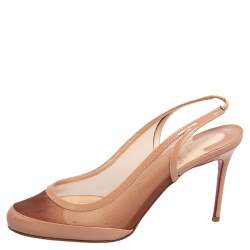 Pre Owned Christian Louboutin Beige Patent Leather And Mesh Slingback Sandals Size 37.5