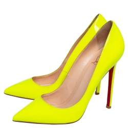 Pre Owned Christian Louboutin Neon Yellow Leather So Kate Pointed Toe Pump Size 38.5
