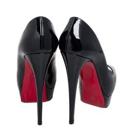 Pre Owned Christian Louboutin Black Patent Leather Lady Peep Toe Platform Pumps Size 38.5