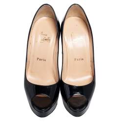 Pre Owned Christian Louboutin Black Patent Leather Lady Peep Toe Platform Pumps Size 38.5
