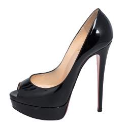 Pre Owned Christian Louboutin Black Patent Leather Lady Peep Toe Platform Pumps Size 38.5