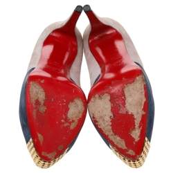 Pre Owned Christian Louboutin Grey/Blue Suede Maggie Embellished Cap Toe Platform Pumps Size 38