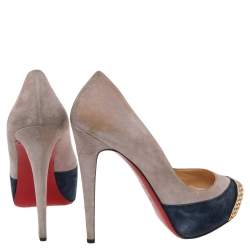 Pre Owned Christian Louboutin Grey/Blue Suede Maggie Embellished Cap Toe Platform Pumps Size 38