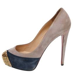 Pre Owned Christian Louboutin Grey/Blue Suede Maggie Embellished Cap Toe Platform Pumps Size 38