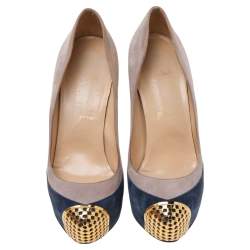 Pre Owned Christian Louboutin Grey/Blue Suede Maggie Embellished Cap Toe Platform Pumps Size 38