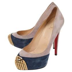 Pre Owned Christian Louboutin Grey/Blue Suede Maggie Embellished Cap Toe Platform Pumps Size 38