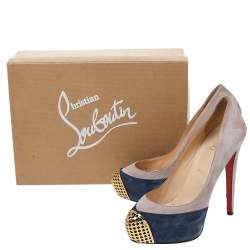 Pre Owned Christian Louboutin Grey/Blue Suede Maggie Embellished Cap Toe Platform Pumps Size 38